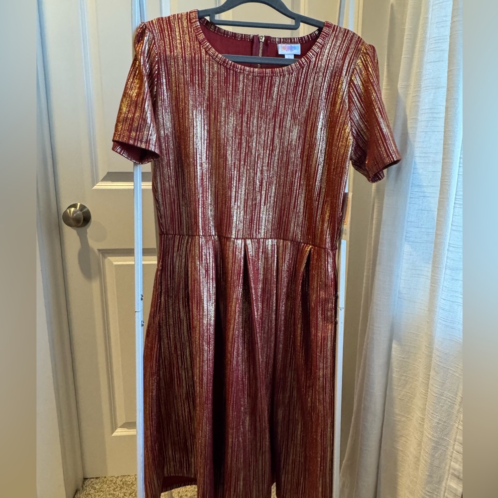 L Amelia elegant Lularoe brick background gold stripes and gold zipper NWT